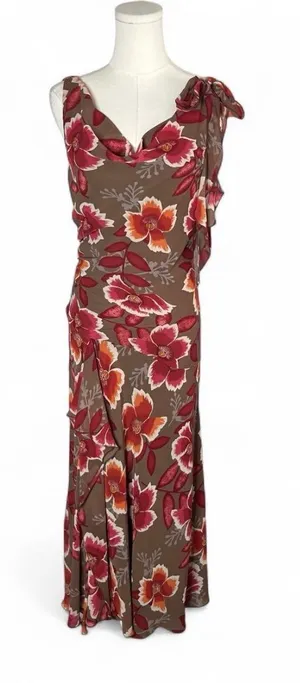 Y2K Vintage Bandolino Brown Red Large Floral Cowl Neck Draped Fairycore Dress thumbnail 1