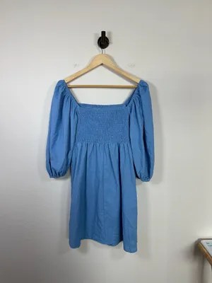 Tuckernuck Annie Linen Smocked Square Neck Puff Sleeve Woven Dress Blue M thumbnail 9