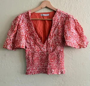 Abercrombie & Fitch Coral and White Floral Puff-Sleeve Smocked Top thumbnail 1