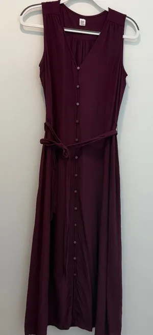 GAP Women's Medium Burgundy Sleeveless Button Front Midi Dress Tie Waist thumbnail 1