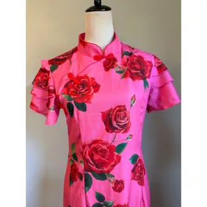 Pink Floral Rose Cheongsam Maxi Dress Mandarin Ruffle M y2k romantic dainty boho thumbnail 3