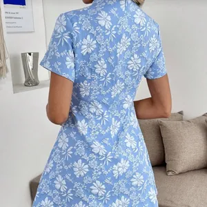 Blue Floral Short Sleeve A-Line Dress thumbnail 2