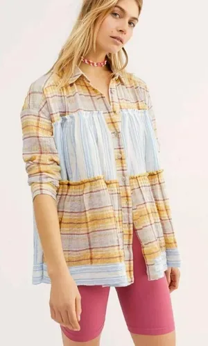 We The Free Free People Plaid Stripe‎ Mixed Print Tiered Babydoll Top thumbnail 1
