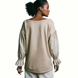 ANTHROPOLOGIE PILCRO Women’s Mixed Media Tan Pullover Puff Sleeve Top thumbnail 4
