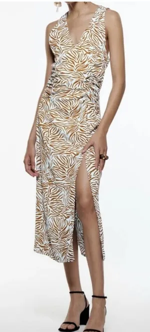 Zara White and Tan Zebra-Print Midi Dress with Side Slit thumbnail 1