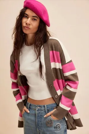 Free People NWT League of Her Own Oversized Cardigan Sweater Pink‎ Brown XS thumbnail 1