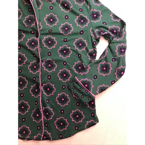 Room Service Pajama Set Women Small Green Pink Geometric Long Sleeve‎ thumbnail 4