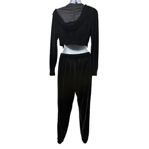 Black Velvet Tracksuit Set Size Medium‎ Crop Zip Hoodie Joggers Y2K Streetwear thumbnail 2