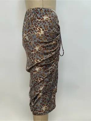 Miou Muse Leopard Satin Pencil Skirt in Gray & Brown thumbnail 4