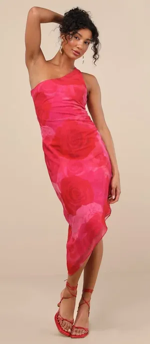 New Lulus Serene Pink Floral One-Shoulder Asymmetrical Midi Dress -Medium $69 thumbnail 1