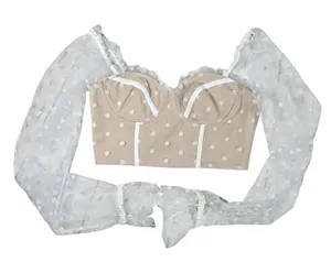 Hello Molly Malibu‎ Sunset Top White Beige Polka Dot Mesh Corset Crop M US 6 thumbnail 1