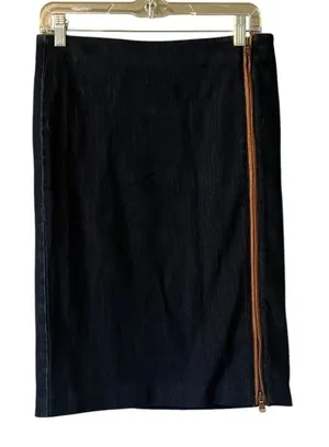 LRL Ralph Lauren Jean Skirt Women Size 4 Leather‎ Trim Full Zip Knee Length thumbnail 1
