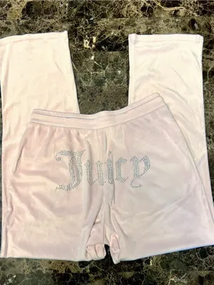 Juicy Couture Velvet Fleece Light Pink Rhinestone Wide Leg Pants Medium thumbnail 1