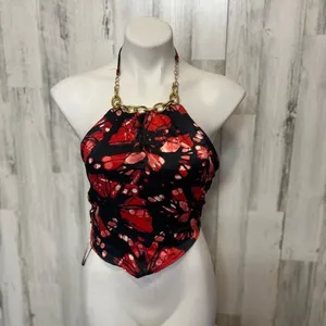 Meraki Red & Black Abstract Halter Top Small Gold Chain Neck Tie Back thumbnail 7