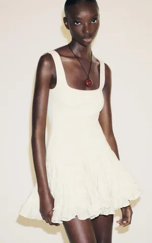 ZARA Cream Ribbed Knit Drop Waist Tiered Ruffle Mini Dress Small Balletcore thumbnail 1