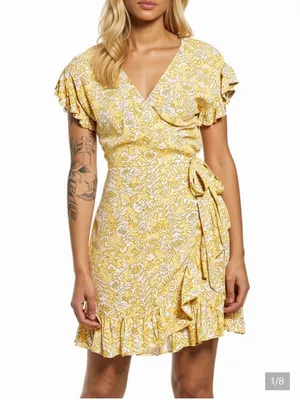 Billabong Yellow Floral Wrap Ruffle Dress Small thumbnail 9