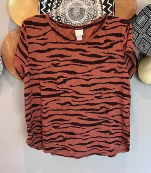 HM‎ Basics Womens Large Tiger Print Cotton Short Sleeve Tee Terracotta Black L thumbnail 1