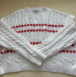 Francesca’s White Cable Knit Sweater with Red Floral Detail – Size Medium thumbnail 1