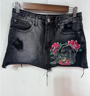 Ed Hardy Denim Cutoff Mini Skirt Panther Rose Distressed Women's S Black Tattoo thumbnail 1