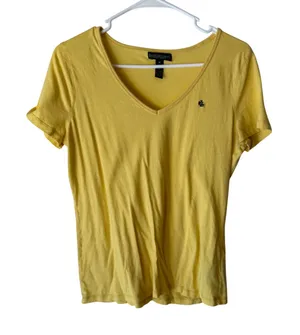 Lauren Jeans Co Ralph Lauren Butter Yellow Preppy‎ M V-Neck Logo T-Shirt thumbnail 1
