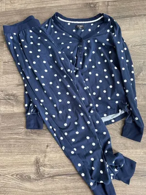 Kate Spade New York Navy White Polka Dot Henley Pajama Set Joggers Small thumbnail 1