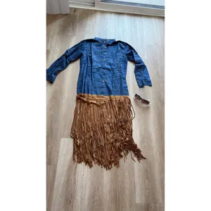Set sunglasses & Blue Chambray Shirt Dress with Brown Faux Suede Fringe Hem - M thumbnail 2