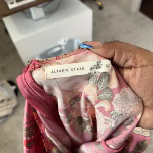 Altar'd State Women Satin Dress XL Pink Floral Strapless Midi Slit Bodycon Event thumbnail 7