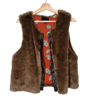 Cynthia Rowley Brown Faux Fur Vest with Orange Print Lining Size L Mobwife‎ fall thumbnail 1