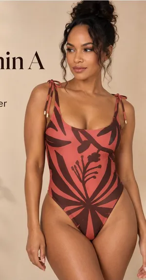 Vitamin A Rust and Dark Brown Botanical Tie-Shoulder One-Piece thumbnail 1