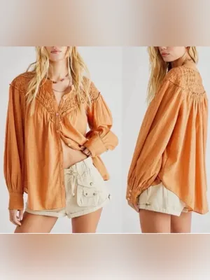 Free People $138 Marigold Button down Blouse Top Wood Chimes Fall Oversized M thumbnail 2