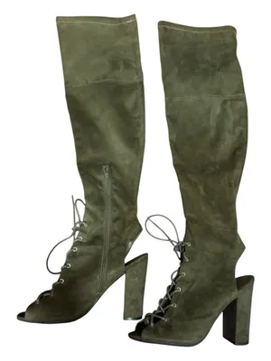 GUESS Over-the-Knee Lace-Up Peep-Toe Boots in Olive Green thumbnail 2