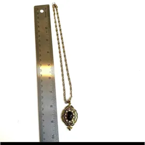 Gold tone faux pearl red Victorian pendant necklace thumbnail 8