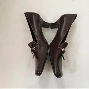 Vintage Brown Gold Leather Square Toe Bow Tassel loafers flats preppy academia office siren Size 9 Measurements in pics thumbnail 3