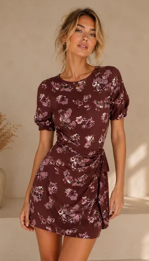 ASTR The Label Maroon Floral Wrap Front Mini Dress Womens XS Fall Boho Ruched thumbnail 1