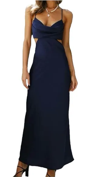 NWT Womens Fiemaoves Evening Gown Satin Silk Slip Backless Navy Maxi Dress - L thumbnail 1
