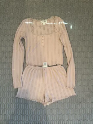 Pink Rose Ribbed Button-Front Long Sleeve Top & Shorts Sleep Set - Light Pink thumbnail 2