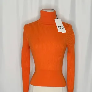 NWT!! ZARA Ribbed Turtleneck Sweater Bright Orange Fitted Knit Cropped Small thumbnail 3