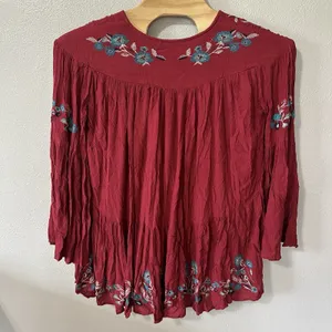 Free People Te Amo Mini Dress Sz Medium Red‎ Floral Embroidered Boho Bell Sleeve thumbnail 4