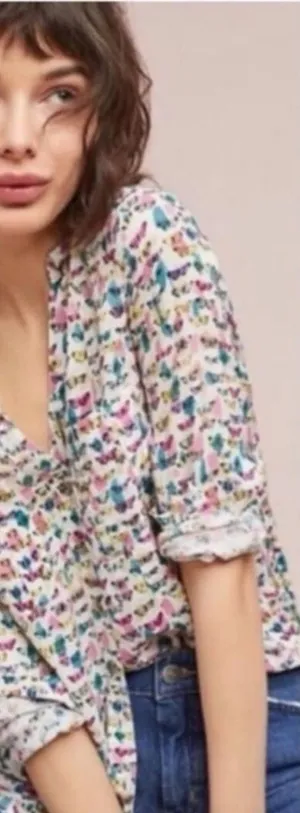 Anthropologie Maeve long-sleeve button-down Butterfly Print blouse US4 thumbnail 1