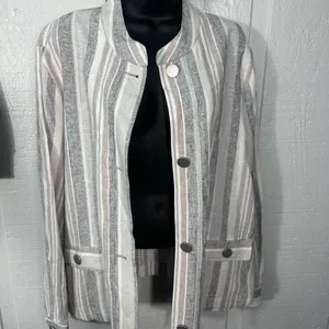 Jones New York Linen Gray Blue Stripes Lightweight JACKET/Blazer SIZE XL EUC thumbnail 4