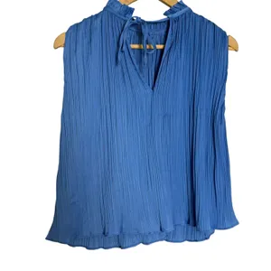 Zara Solid Blue Plisse Pleated Ruffle Neck Sleeveless Blogger Office Top Size XS thumbnail 7
