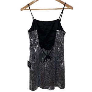 Lulus Loves the Spotlight Silver Sequin Lace-Up Mini Dress size L thumbnail 4