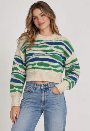 Aerie Women's M Cream Green Blue Wavy Stripe Cropped Knit Sweater Wool Blend thumbnail 1