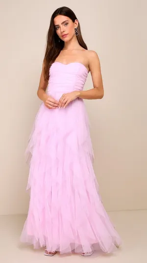NWT Lulus Delightful Beauty Pink Mesh Strapless Ruched Ruffled Maxi Dress Size S thumbnail 1