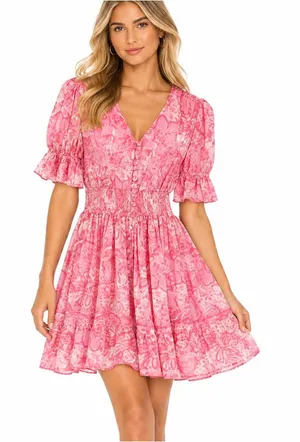 Lilbelle Pink Floral Smocked Waist Mini Dress Ruffle Sleeve Small thumbnail 1