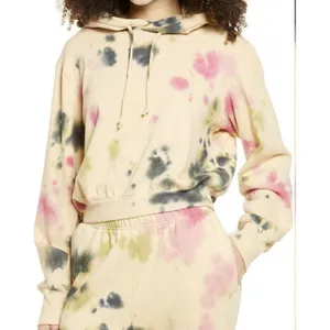 NEW AFRM Cropped Hoodie Sweatshirt SMALL Beige Tan Pink Tie Dye Drawstring NWT thumbnail 5