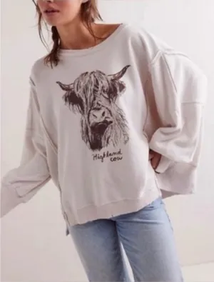NWOT Free People We The Free Graphic Camden Pullover - highland cow combo - XS thumbnail 1