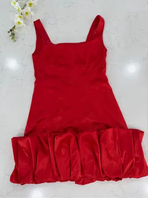 Satin Square-Neck Red Mini Dress with Ruffle Hem thumbnail 2
