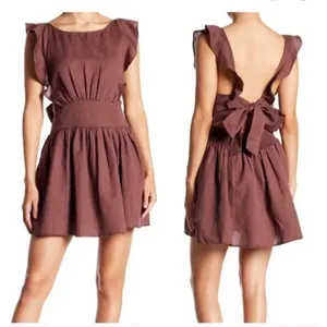Free People Erin Ruffled Mini Dress Cut Out Back Linen Brown Size Large thumbnail 2