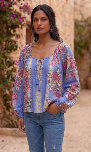 Free People Periwinkle Floral Tie-Front Peasant Top thumbnail 1